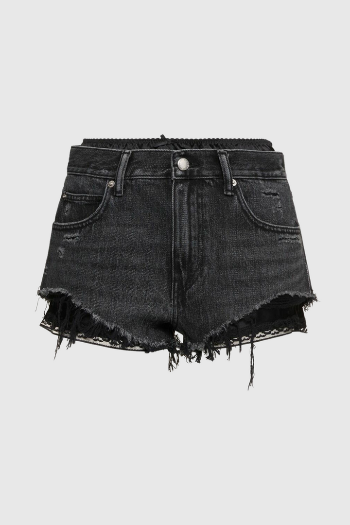 Chaeli Lace-layer Denim Shorts - Black - Stellouette