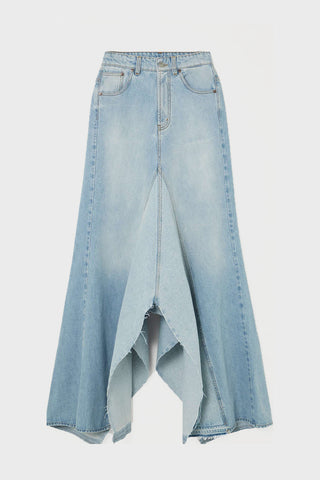 Charlia Paneled Frayed Denim Skirt