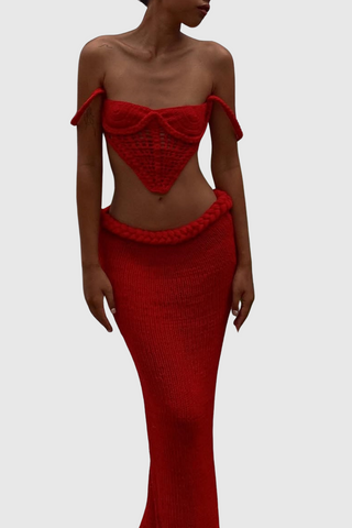 Chaylee Crochet Rope Corset Two Piece Set - Red