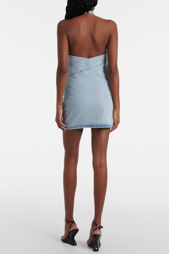 Christell Floral Appliqué Halter Denim Mini Dress - Stellouette