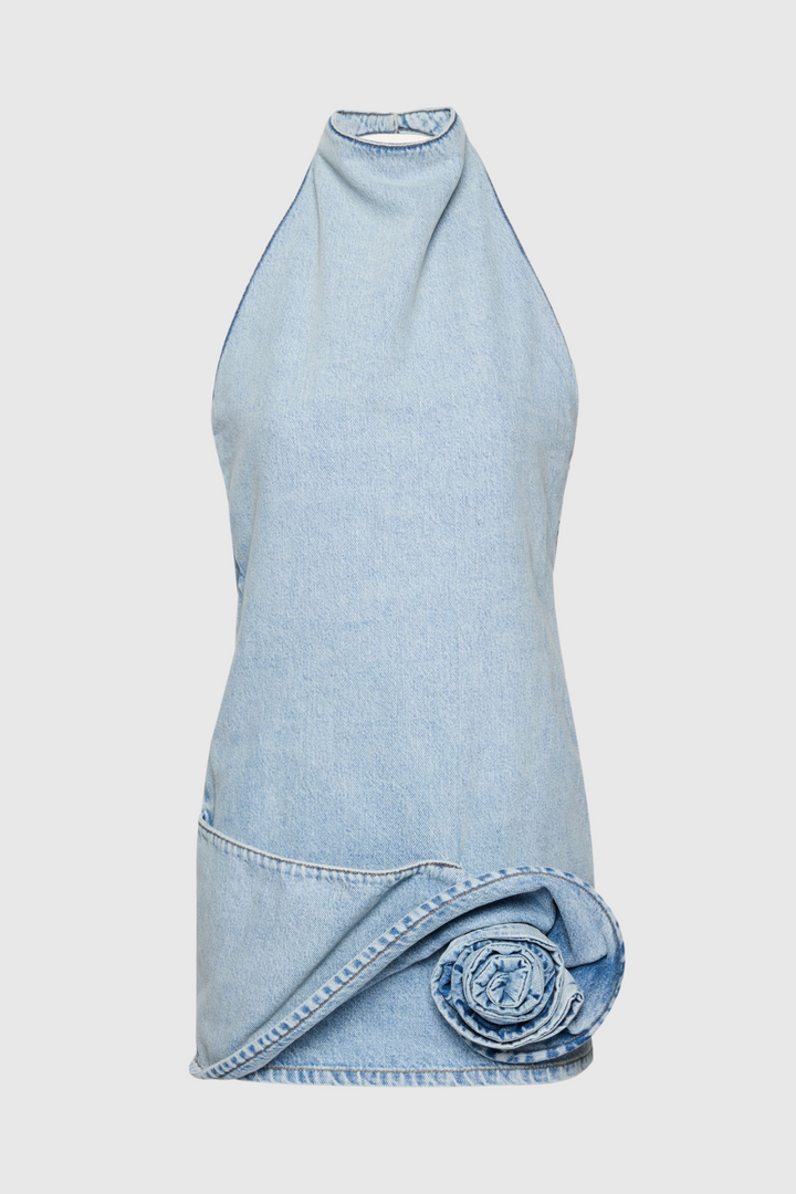Christell Floral Appliqué Halter Denim Mini Dress - Stellouette