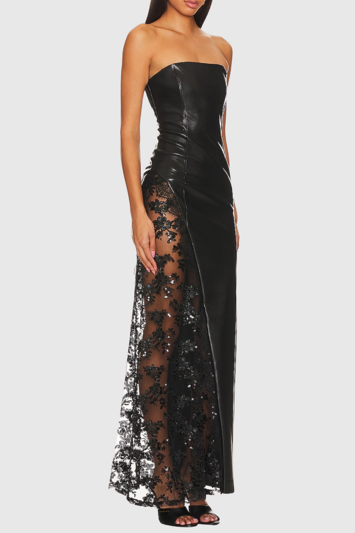 Damien Faux Leather Strapless Lace Maxi Dress - Stellouette