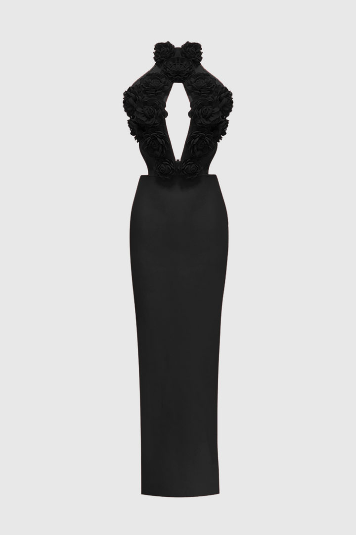 Datherine Floral Appliqué Halter Maxi Bandage Dress - Black - Stellouette