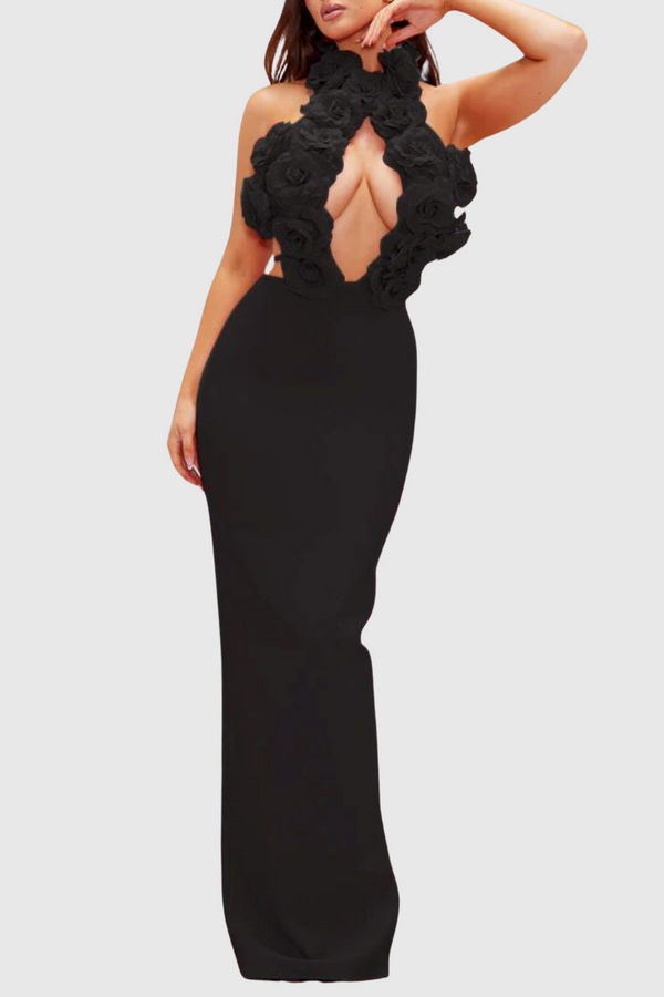 Datherine Floral Appliqué Halter Maxi Bandage Dress - Black - Stellouette