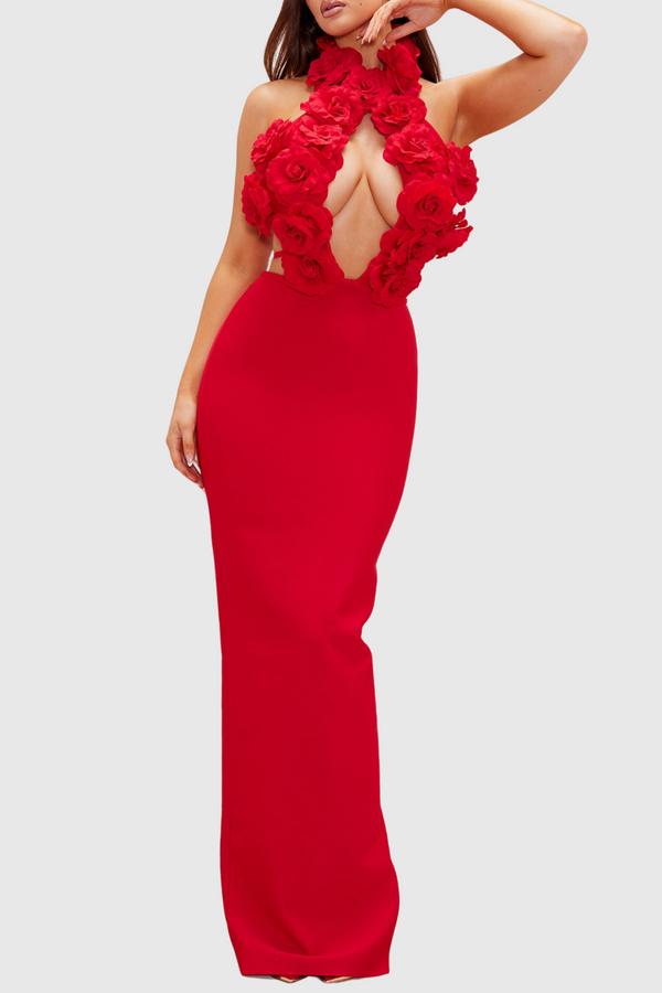 Datherine Floral Appliqué Halter Maxi Bandage Dress - Red - Stellouette