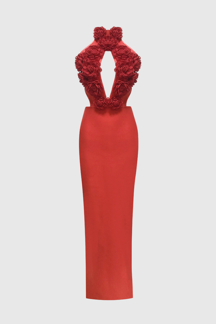Datherine Floral Appliqué Halter Maxi Bandage Dress - Red - Stellouette