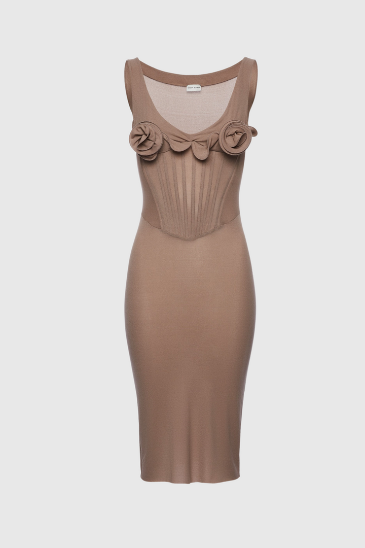 Dinella Floral Appliqué Corset Midi Dress - Grey - Stellouette