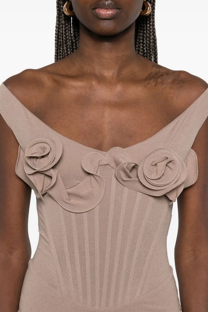 Dinella Floral Appliqué Corset Midi Dress - Grey - Stellouette