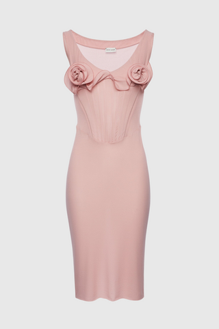 Dinella Floral Appliqué Corset Midi Dress - Pink