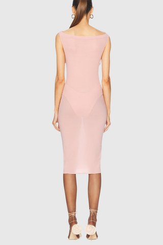Dinella Floral Appliqué Corset Midi Dress - Pink