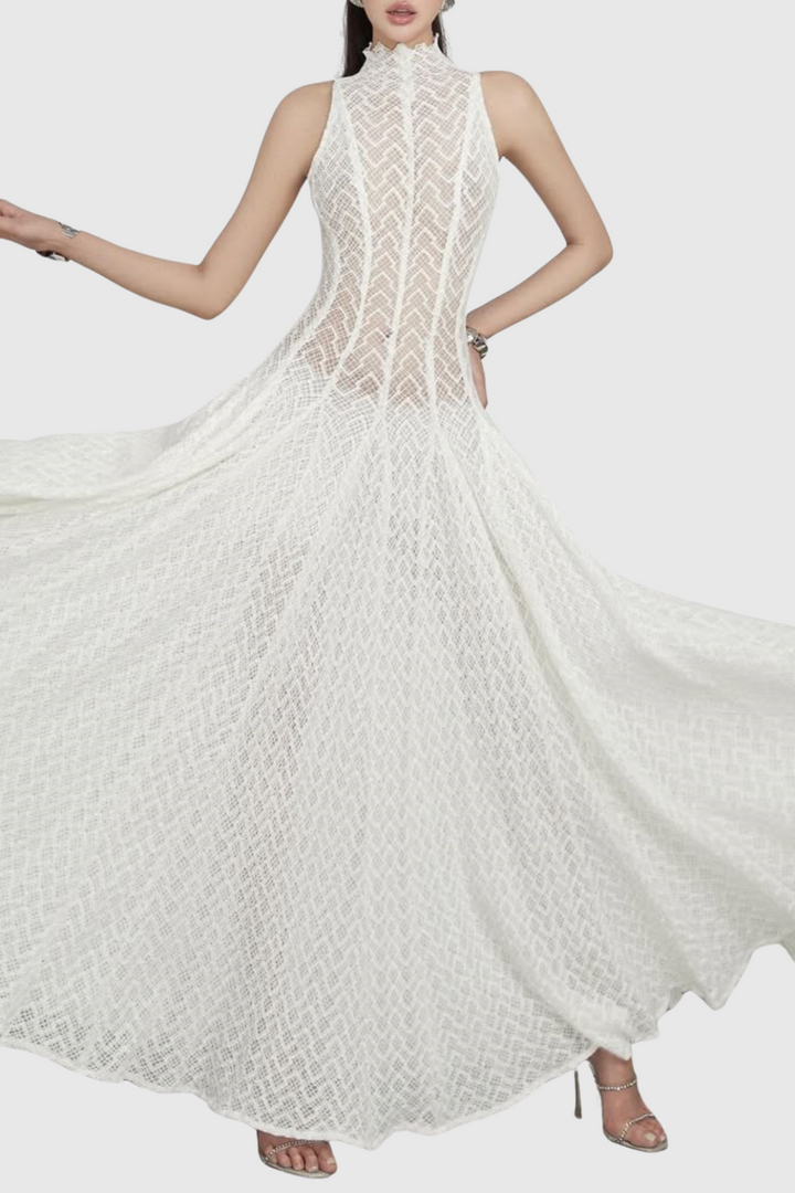 Dodiya Wavy-pattern Sleeveless Lace Maxi Dress -White - Stellouette
