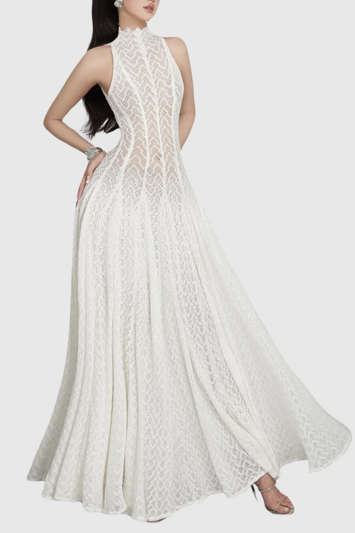 Dodiya Wavy-pattern Sleeveless Lace Maxi Dress -White - Stellouette