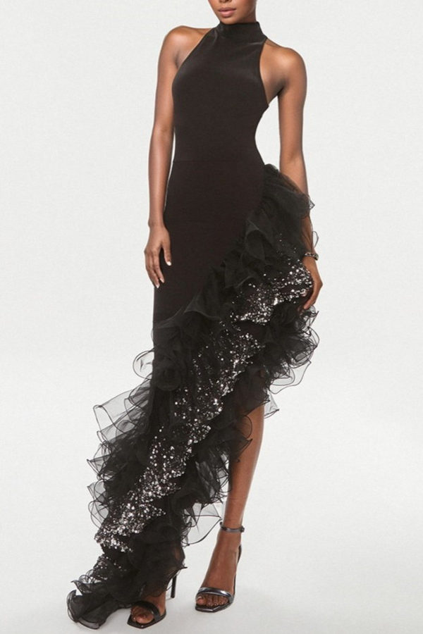 Dualo Asymmetric Ruffle Sequin Midi Bandage Dress