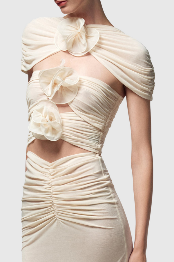Earls Floral Cutout Ruched Mini Dress - Beige