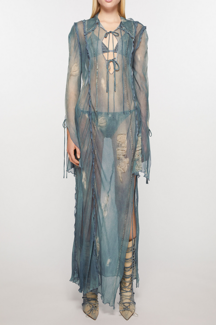 Ellen Mesh Printed Ruffle Maxi Dress - Stellouette