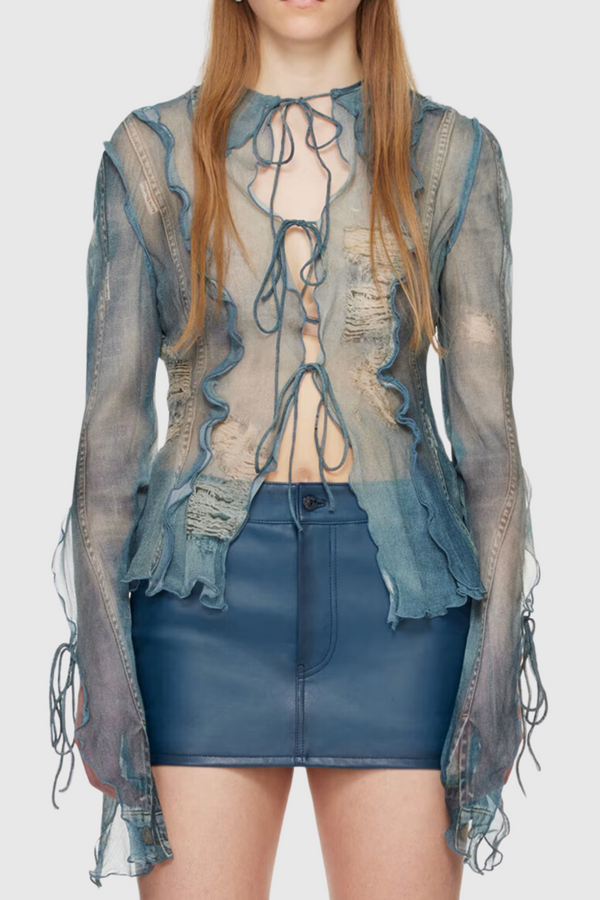 Ellen Mesh Printed Ruffle Top - Stellouette