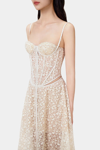 Emani Floral Lace Corset Cutout Maxi Dress - Beige