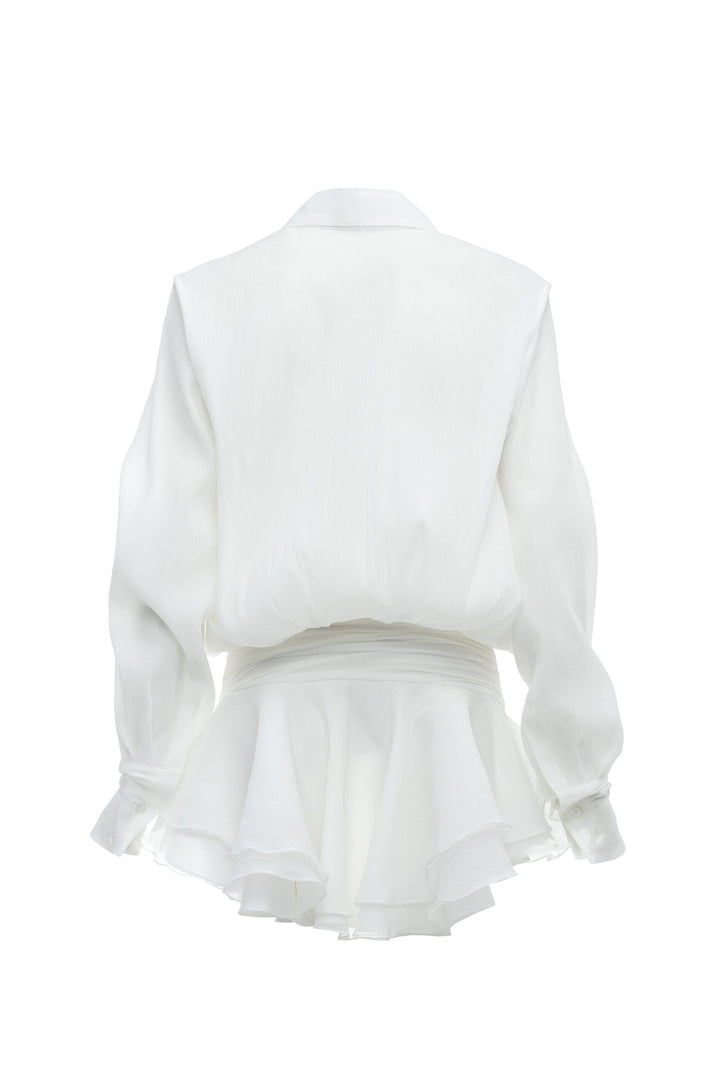 Ember Ruched Ruffle Mini Dress - White - Stellouette