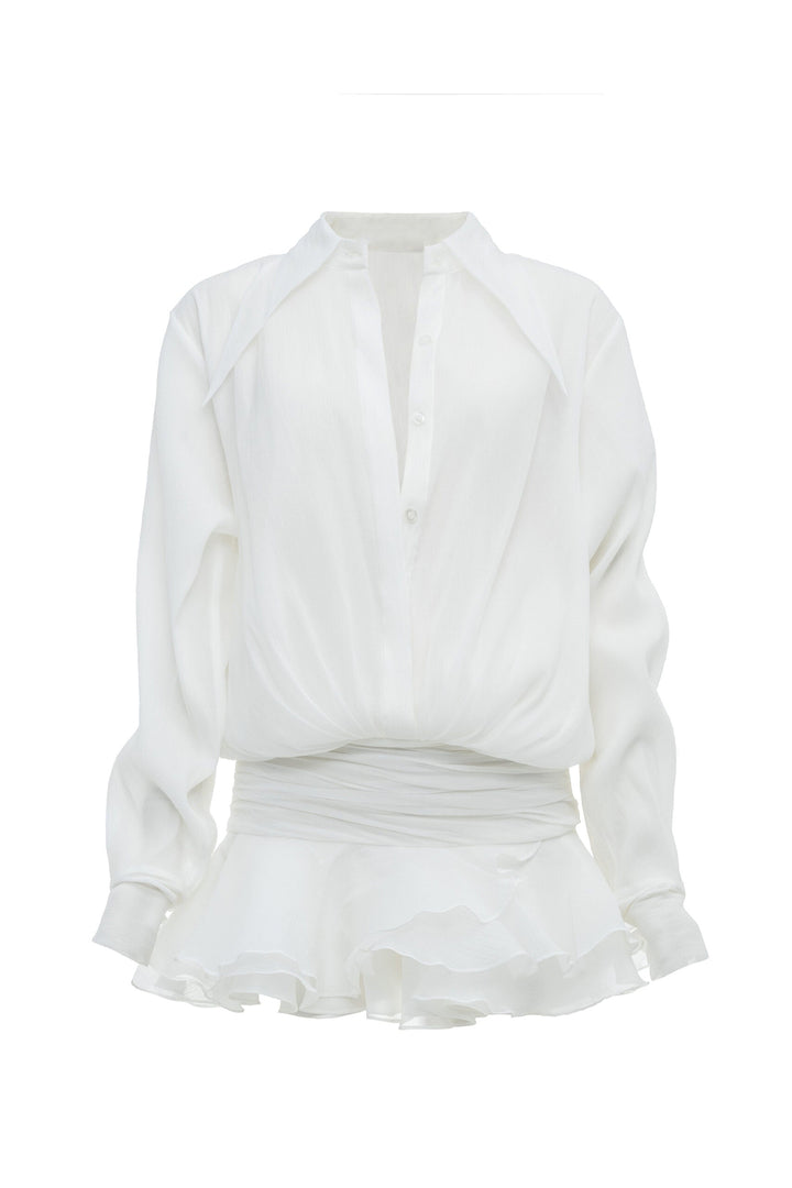 Ember Ruched Ruffle Mini Dress - White - Stellouette