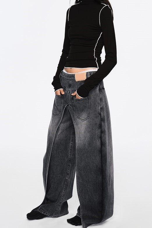 Emely Deconstructed Fake Two-piece Jeans - Black - Stellouette