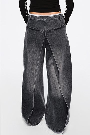 Emely Deconstructed Fake Two-piece Jeans - Black - Stellouette