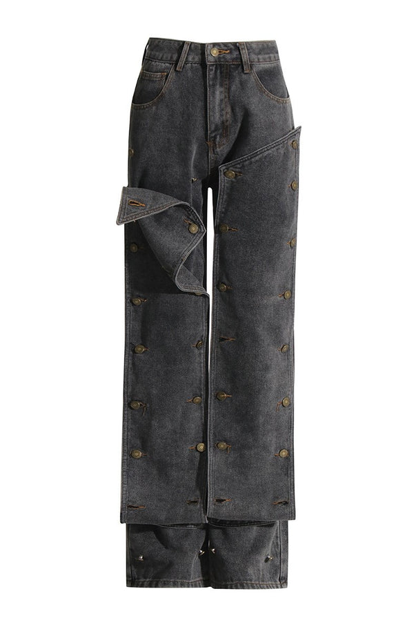 Emmalyn Patchwork Button Jeans - Grey - Stellouette