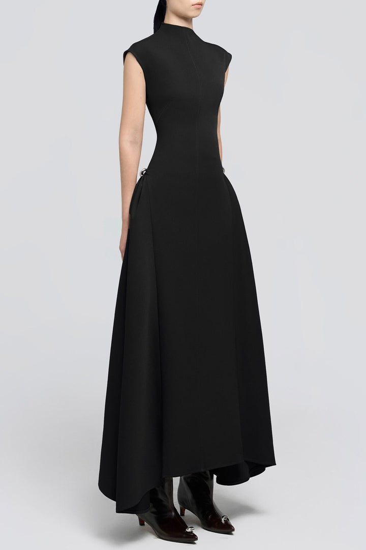 Eorkone Symmetric Drapes Flared Midi Dress - Black - Stellouette