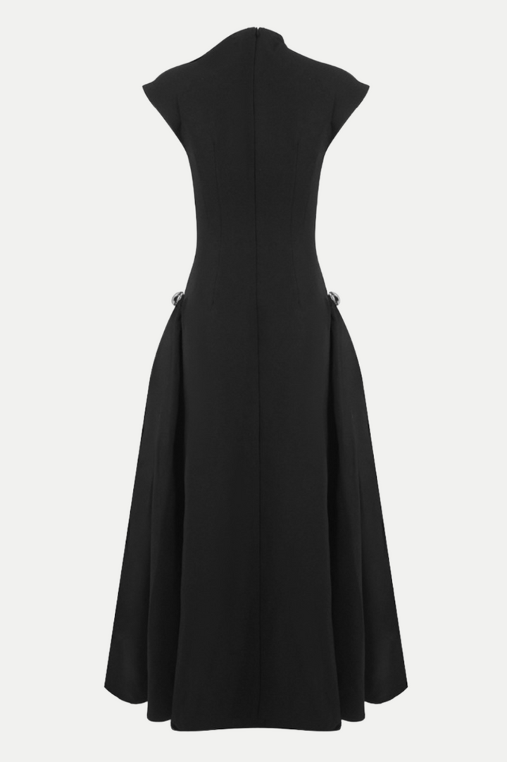 Eorkone Symmetric Drapes Flared Midi Dress - Black - Stellouette