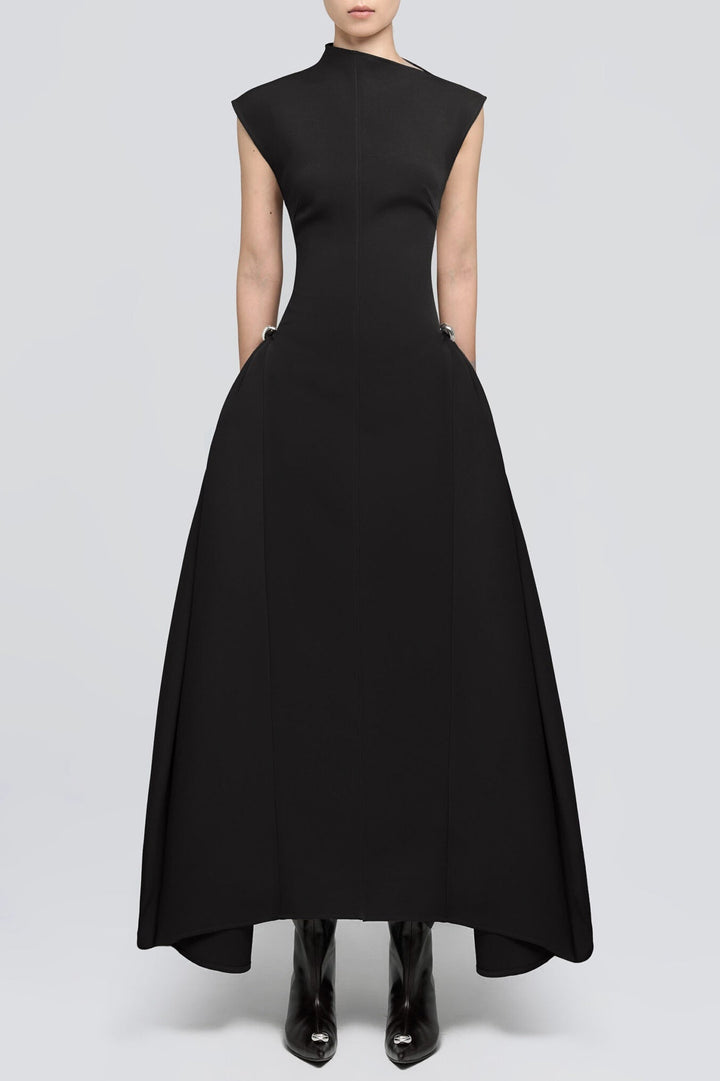 Eorkone Symmetric Drapes Flared Midi Dress - Black - Stellouette