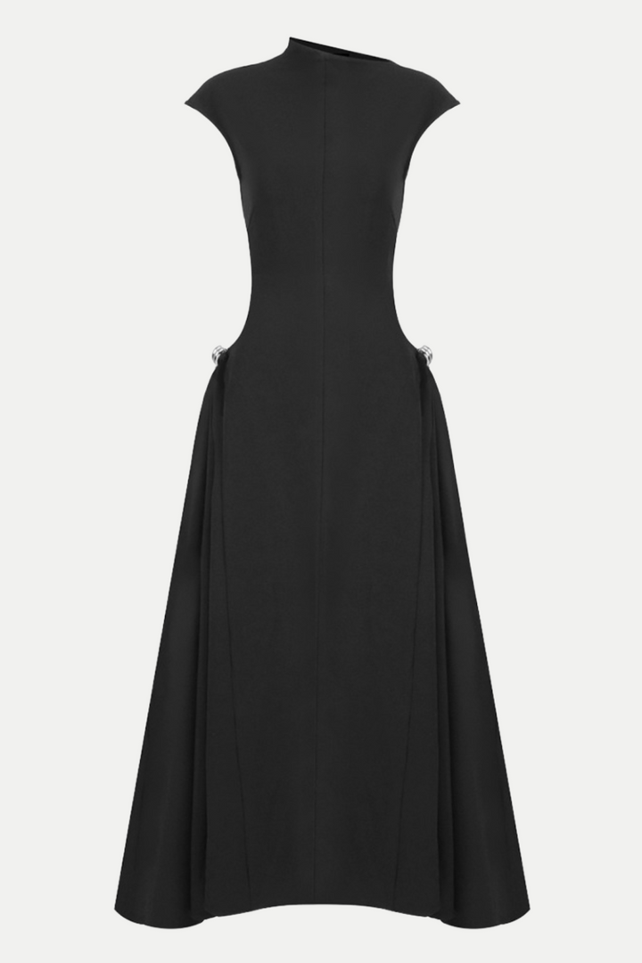 Eorkone Symmetric Drapes Flared Midi Dress - Black - Stellouette