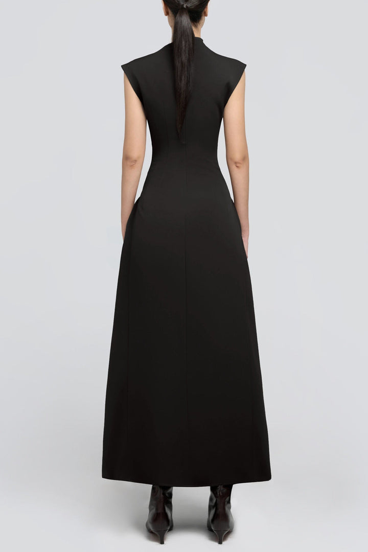 Eorkone Symmetric Drapes Flared Midi Dress - Black - Stellouette