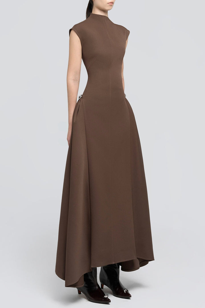 Eorkone Symmetric Drapes Flared Midi Dress - Brown - Stellouette