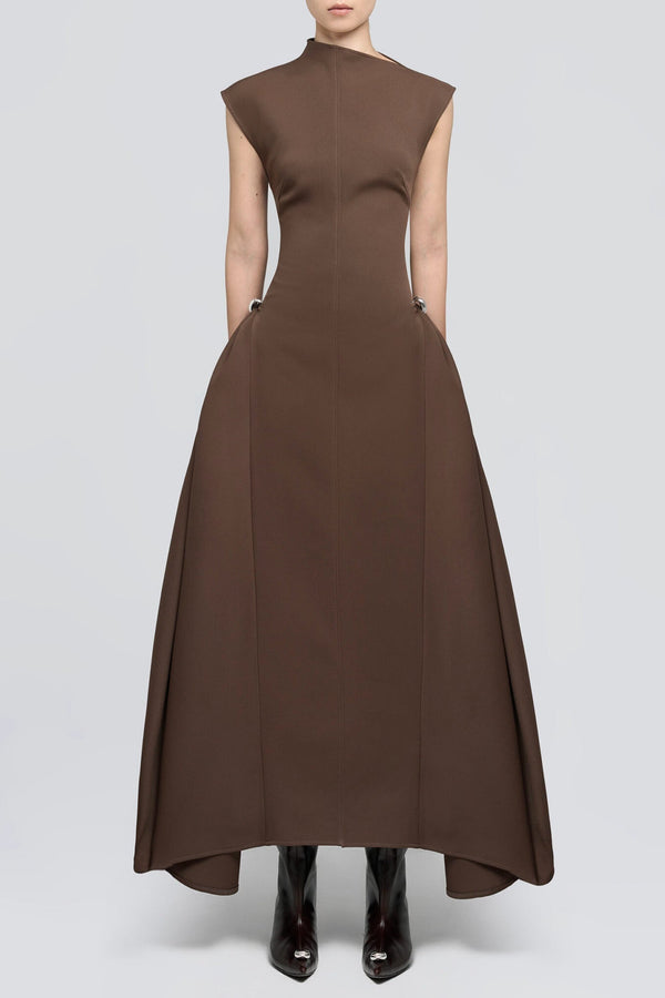 Eorkone Symmetric Drapes Flared Midi Dress - Brown - Stellouette