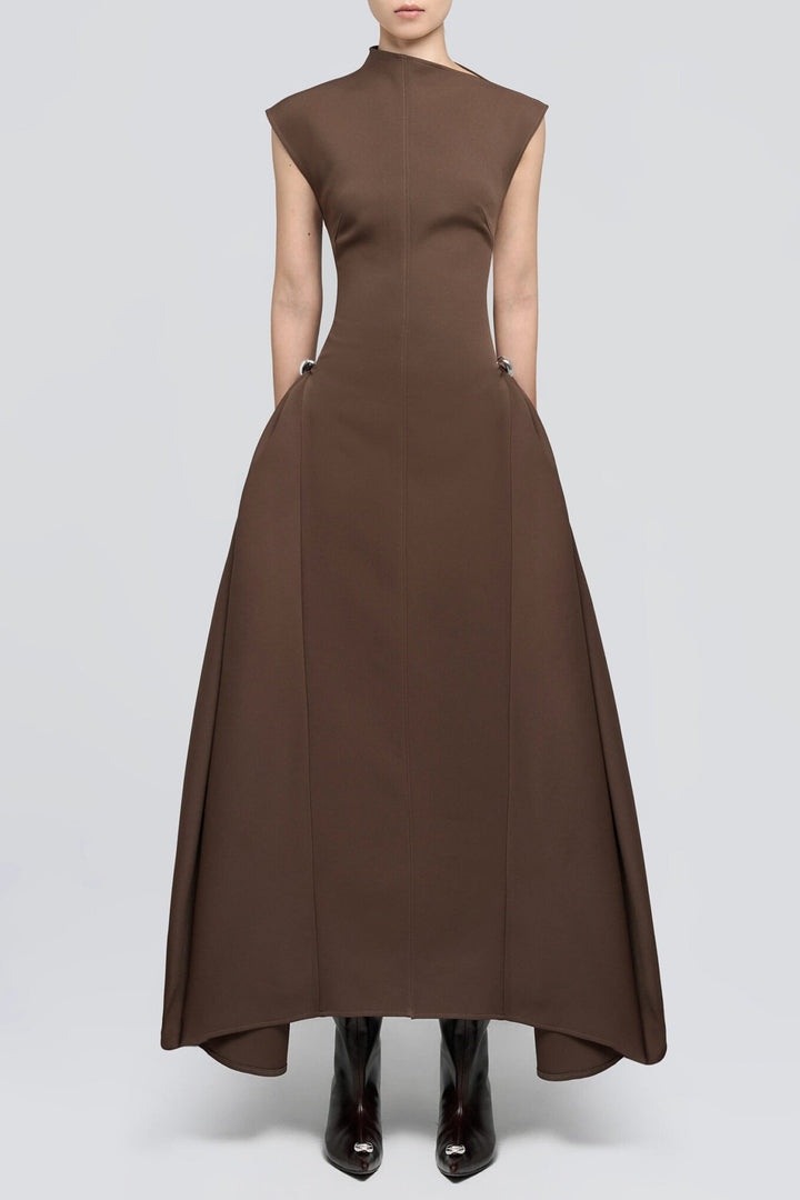 Eorkone Symmetric Drapes Flared Midi Dress - Brown - Stellouette