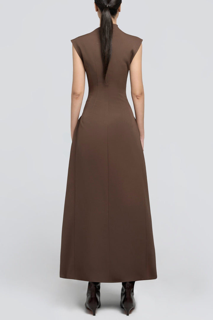 Eorkone Symmetric Drapes Flared Midi Dress - Brown - Stellouette