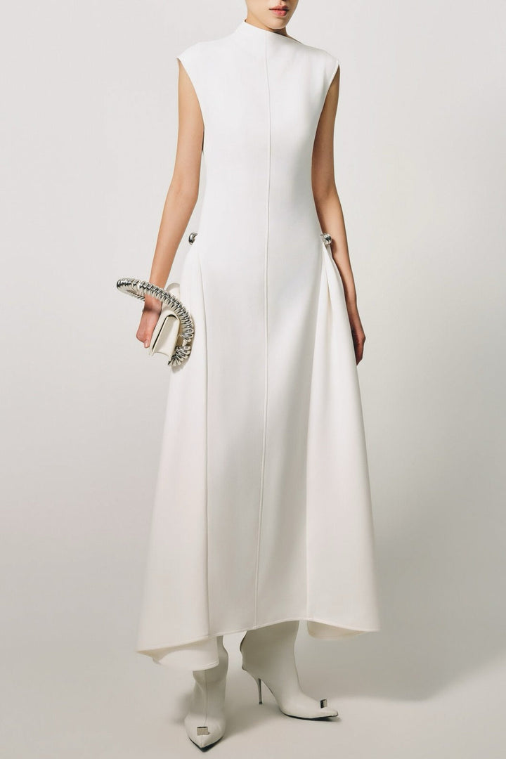 Eorkone Symmetric Drapes Flared Midi Dress - White - Stellouette