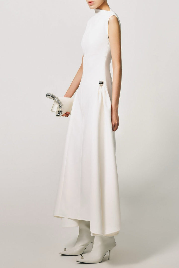Eorkone Symmetric Drapes Flared Midi Dress - White - Stellouette