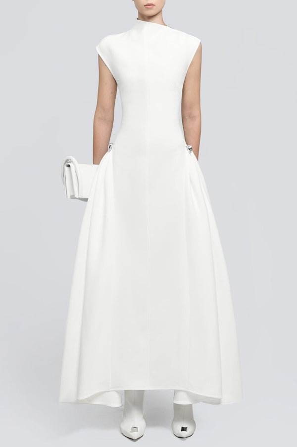 Eorkone Symmetric Drapes Flared Midi Dress - White - Stellouette