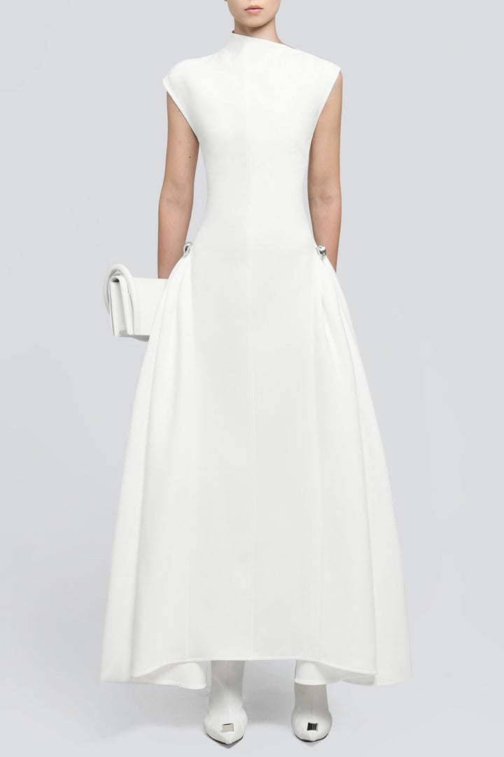 Eorkone Symmetric Drapes Flared Midi Dress - White - Stellouette