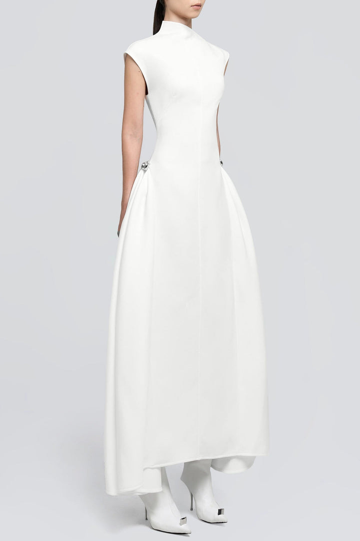 Eorkone Symmetric Drapes Flared Midi Dress - White - Stellouette