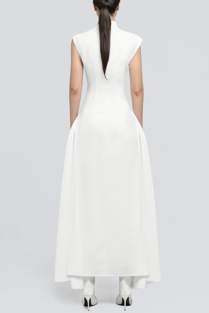 Eorkone Symmetric Drapes Flared Midi Dress - White - Stellouette
