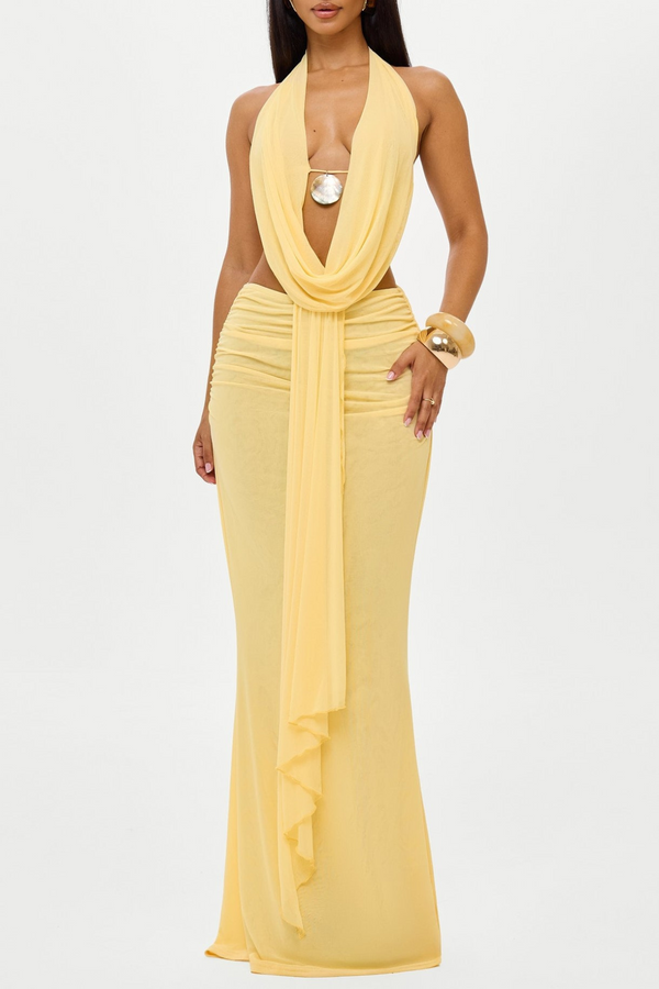 Faunia Mesh Shell Top & Skirt Set - Yellow