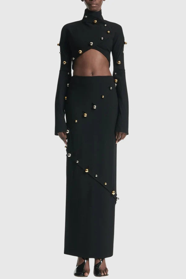 Gwyly Buttoned Embellished Top & Skirt Set