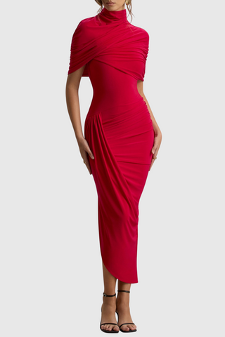 Jago Asymmetric Cape Ruched Midi Dress - Red