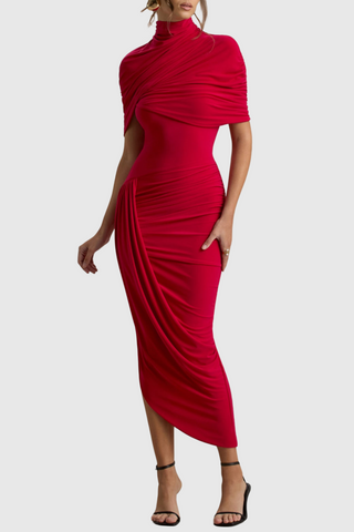 Jago Asymmetric Cape Ruched Midi Dress - Red
