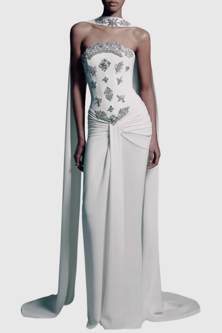 jesson strapless maxi dress Jesson Strapless Crystal Scarf Maxi Dress – Stellouette