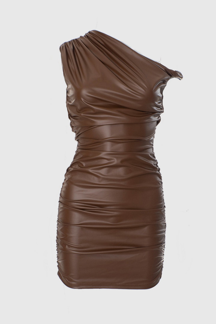 Kadwyn Ruched Asymmetric Faux Leather Mini Dress - Brown - Stellouette