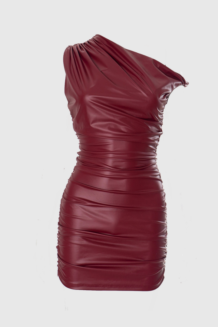 Kadwyn Ruched Asymmetric Faux Leather Mini Dress - Red - Stellouette
