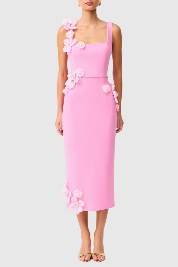 Kaprisha Floral Appliqué Embellished Midi Dress - Pink