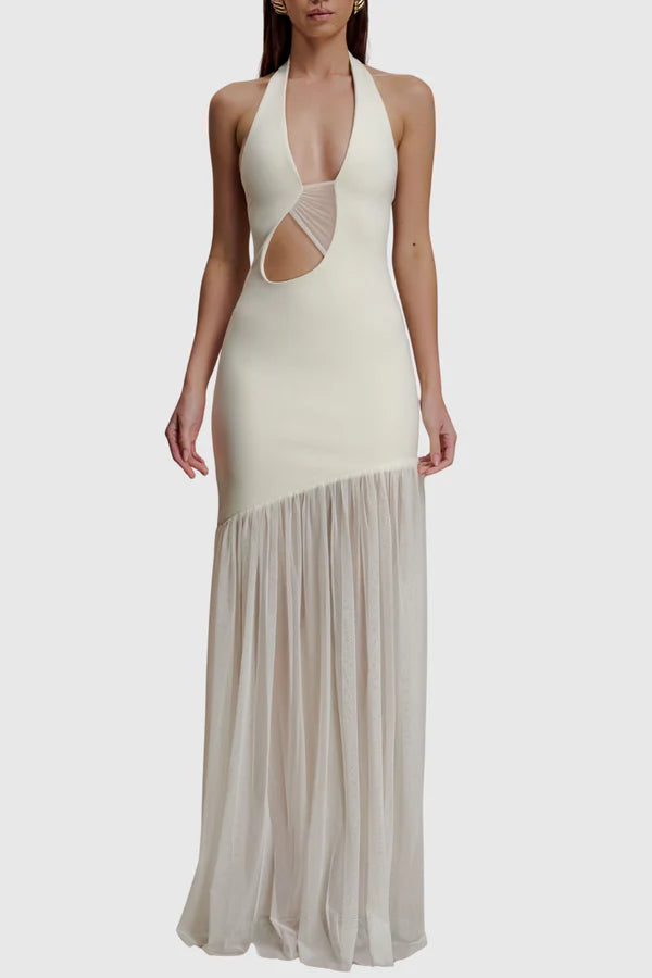 Kimba Halter Cutout Mesh Maxi Dress - White